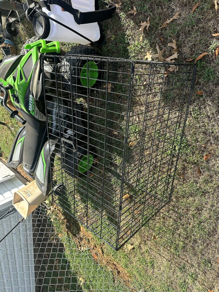 Wire dog crate and kids' Raptor 12V ride-on ATV