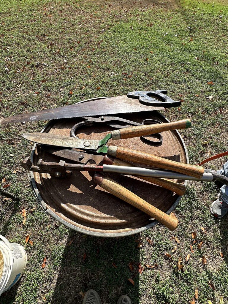 Hand saw, hedge shears, loppers, tin snips and pipe wrench