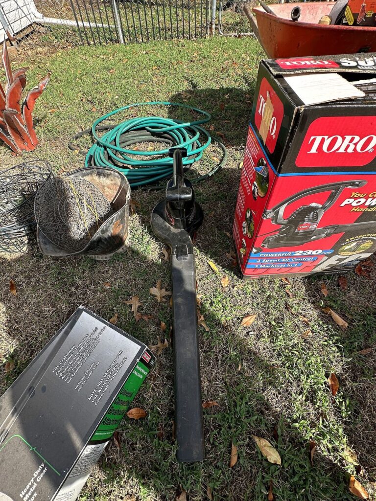 Toro Super Blower Vac with box, garden hoses and hanging planters