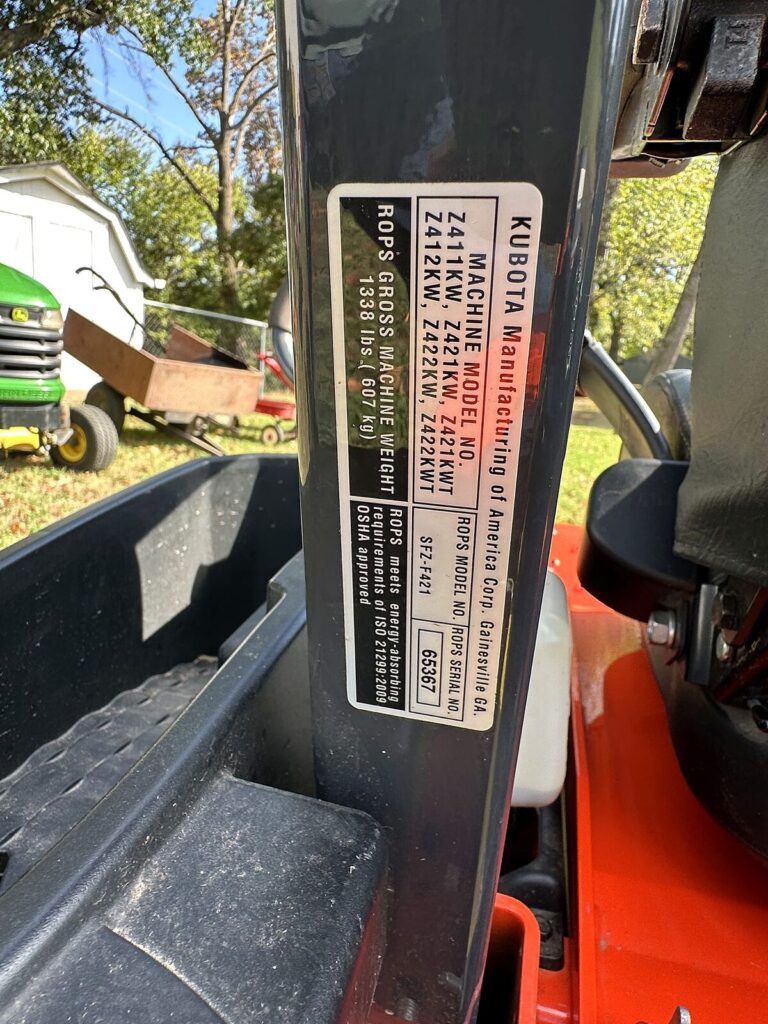 Kubota zero-turn ROPS and model plate