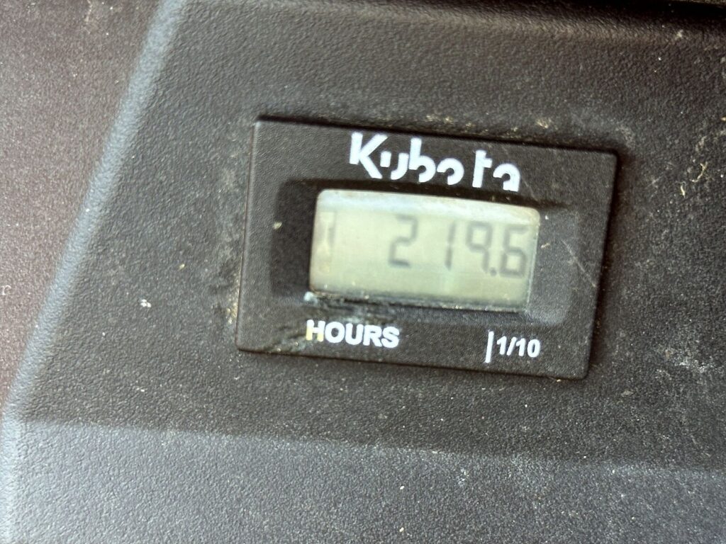 Kubota zero-turn hour meter showing 219.6 hours