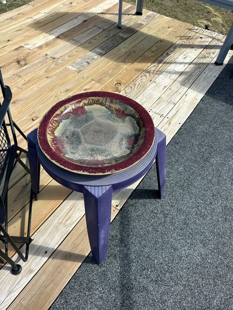 Plant stand with glazed pottery birdbath top