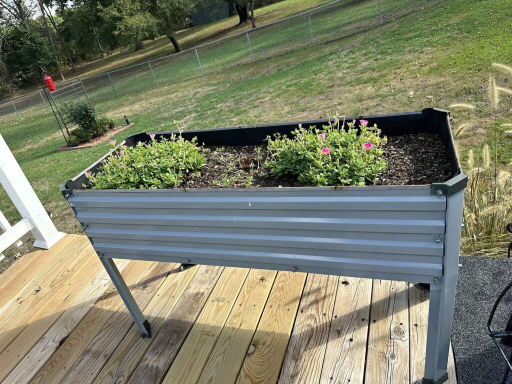 Galvanized elevated raised garden beds and red folding chair