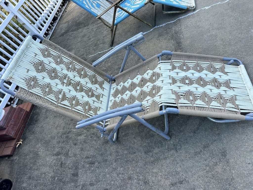 Two vintage woven macrame folding chaise lounges