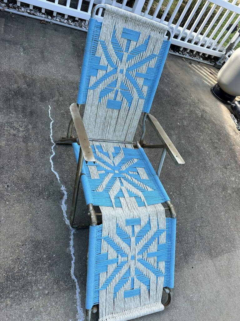 Two vintage woven macrame folding chaise lounges