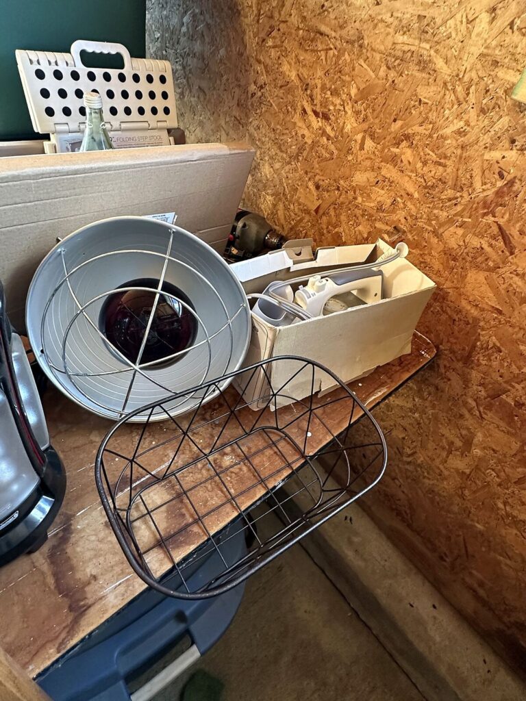Heat lamp, wire baskets and folding step stool