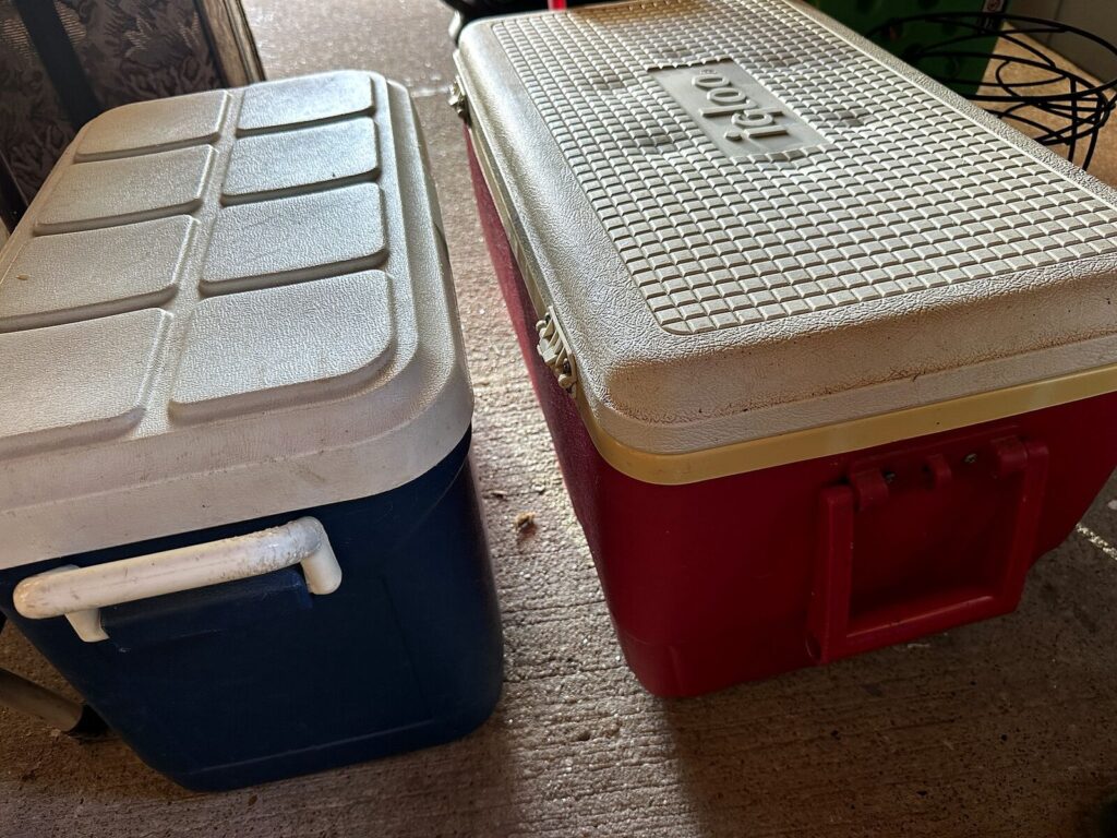 Igloo cooler and blue and white cooler