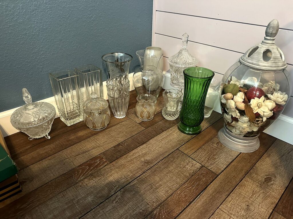 Pressed and cut glass vases, candy dishes and apothecary jar