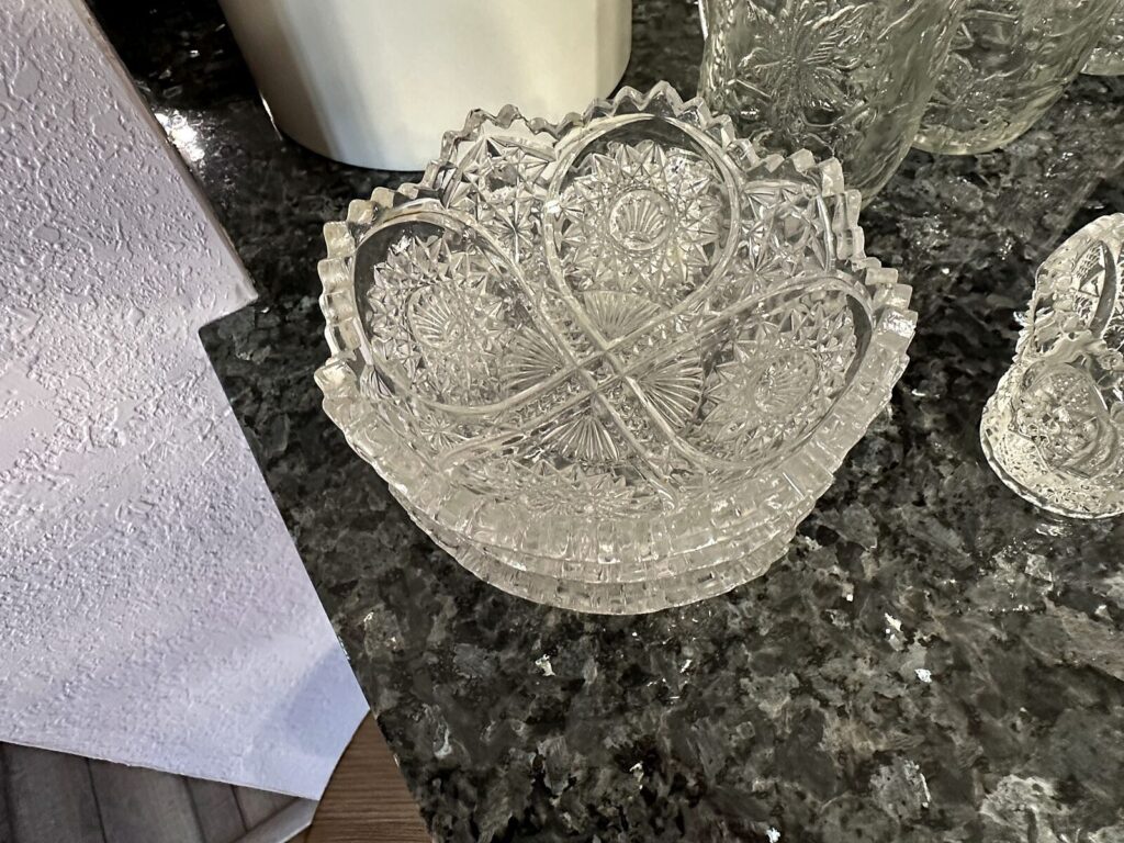 Pressed glass bowls, crystal owl and embossed glass tumblers
