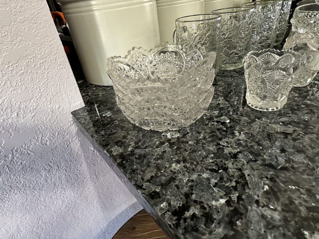 Pressed glass bowls, crystal owl and embossed glass tumblers