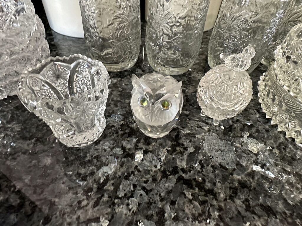 Pressed glass bowls, crystal owl and embossed glass tumblers