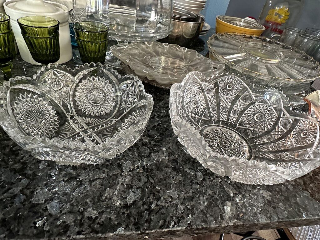 Large pressed glass bowls and relish tray