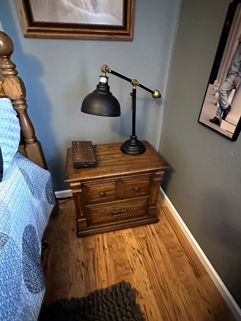 Matching carved nightstand and bridge desk lamp