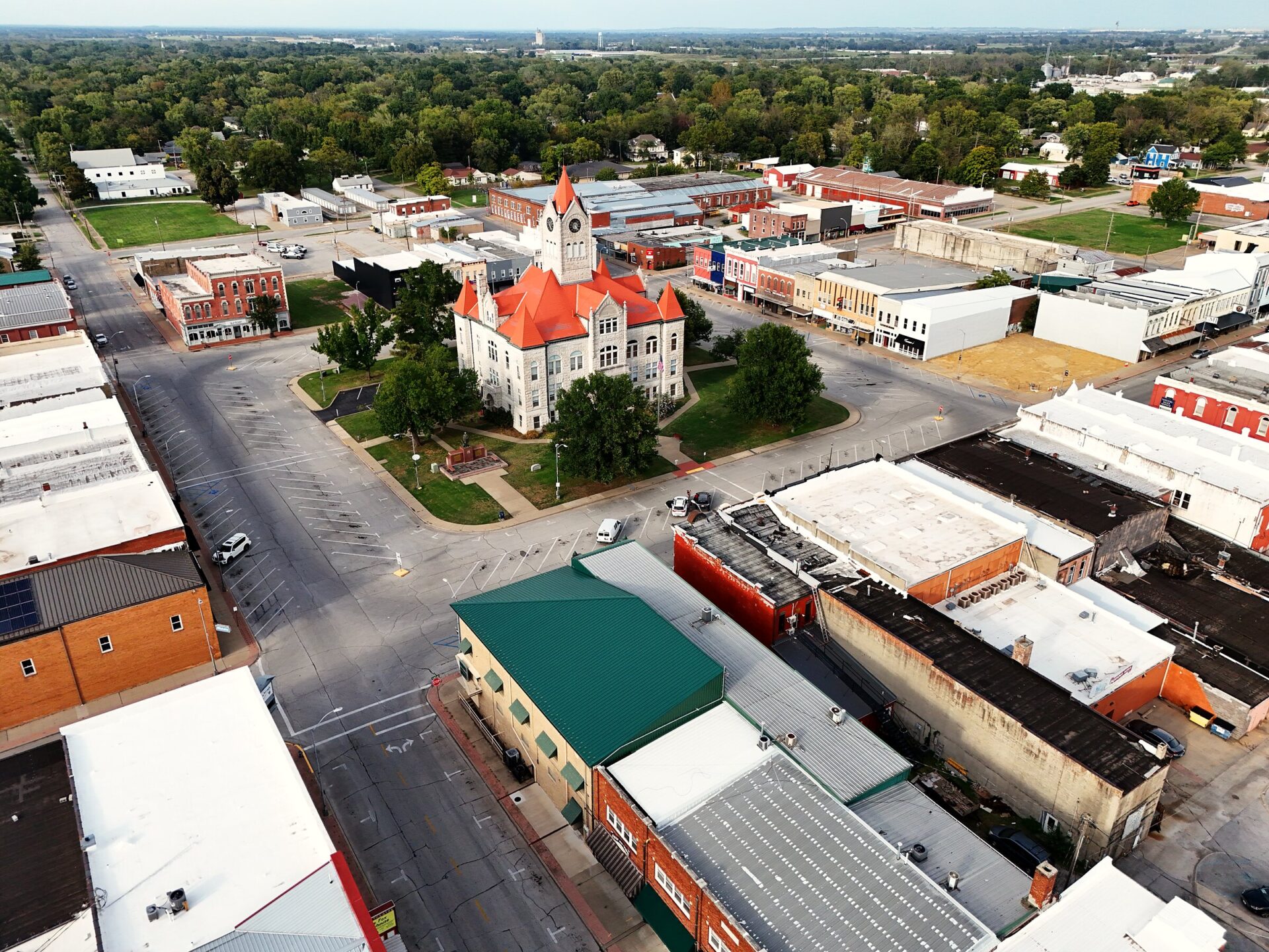 Downtown Nevada, Missouri and the courthouse square from above
